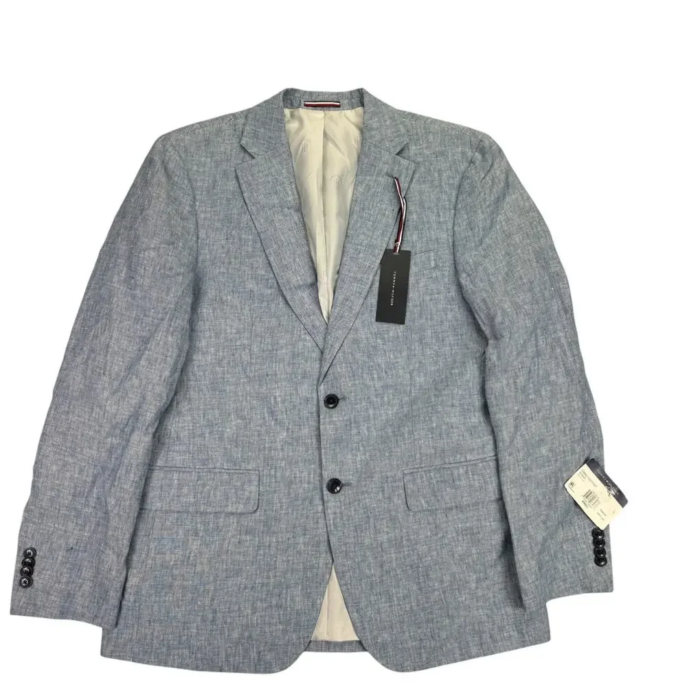 Tommy Hilfiger Mens Modern Fit 100% Linen Solid Sport Coat Light Blue 40R